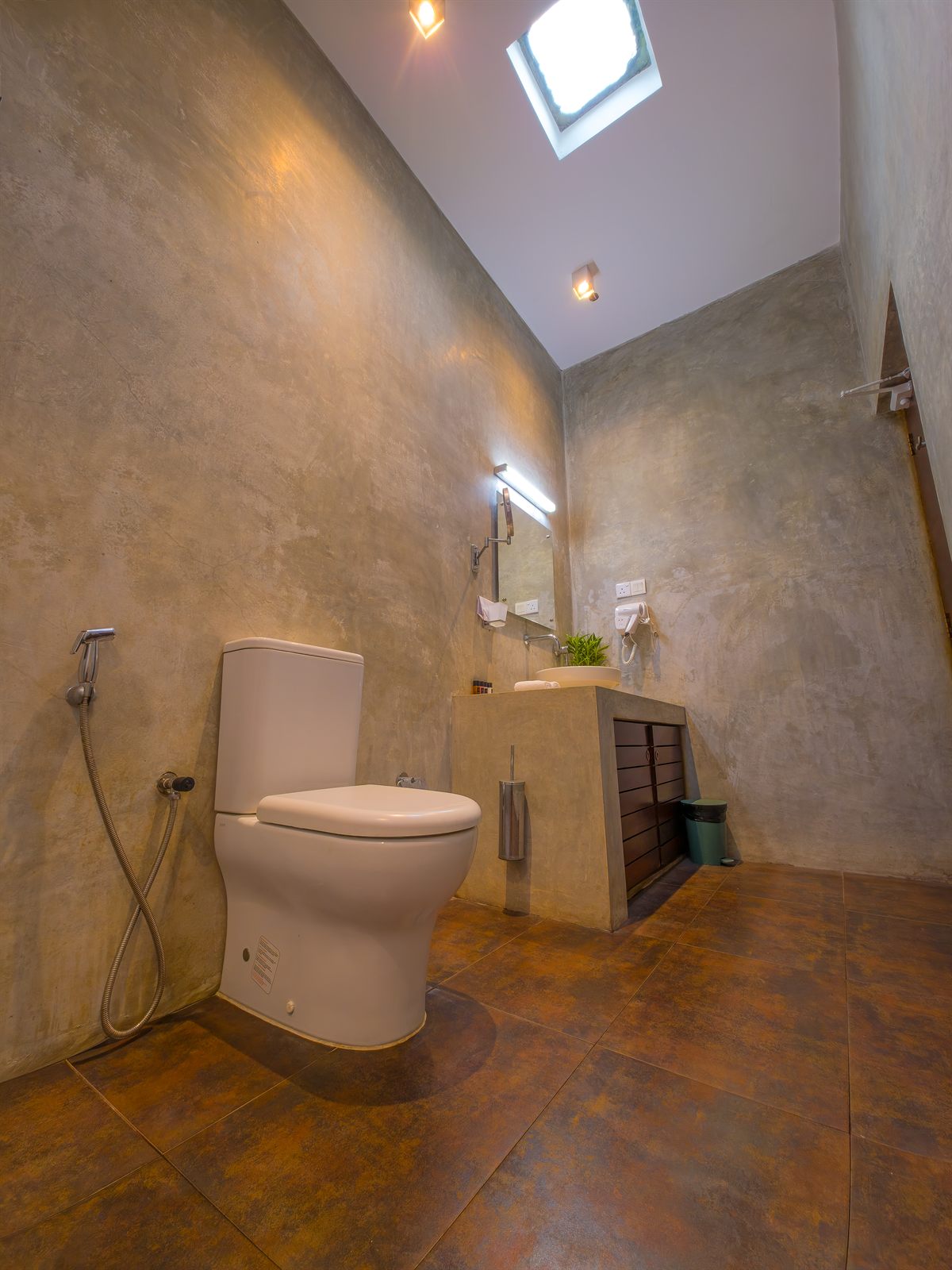 Bathroom low-angle view with skylight